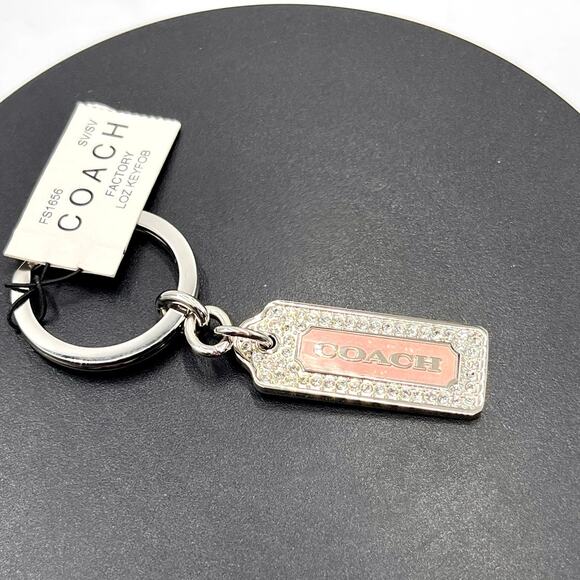 COACH LOZ Pave Lanyard Diamond Pink Enamel Keychain FOB Purse‎ Charm Tag New